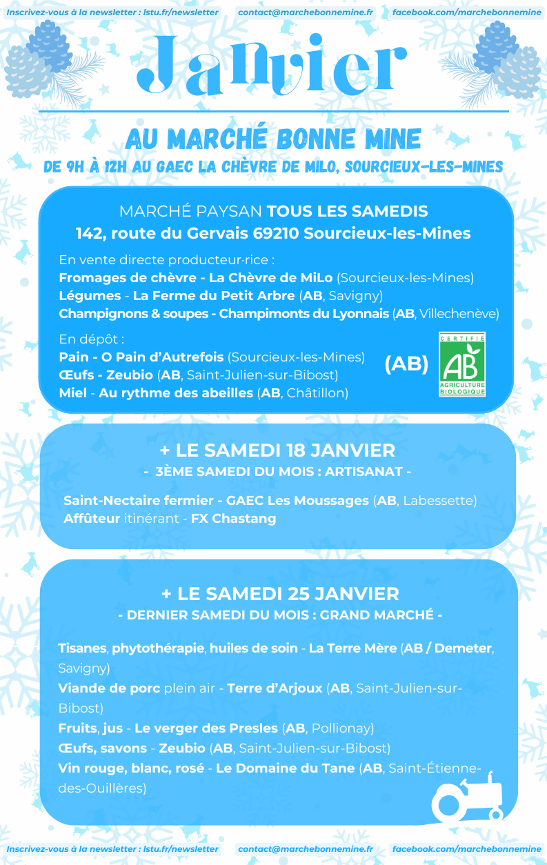 Planning de janvier 2025 du Marché Bonne Mine : marché paysan tous les samedi de 9h à 12h au GAEC La Chèvre de MiLo, à Sourcieux-les-Mines (69). 142, route du gervais, 69210 Sourcieux-les-Mines.
          En vente directe producteur·rice tous les samedis : Fromages de chèvre - La Chèvre de MiLo (Sourcieux-les-Mines), Légumes bio - La Ferme du Petit Arbre (AB, Savigny), Champignons bio & soupes - Champimonts du Lyonnais (AB, Villechenève).
          En dépôt tous les samedis également : Pain - O Pain d’Autrefois (Sourcieux-les-Mines), Œufs bio - Zeubio (AB, Saint-Julien-sur-Bibost), Miel bio - Au rythme des abeilles (AB, Châtillon).
          + LE SAMEDI 18 JANVIER, 3ÈME SAMEDI DU MOIS CONSACRÉ À L'ARTISANAT : Affûteur itinérant - FX Chastang, Saint-Nectaire fermier bio - GAEC des Moussages.
          + LE SAMEDI 25 JANVIER  DERNIER SAMEDI DU MOIS - GRAND MARCHÉ : Tisanes, phytothérapie, huiles de soin - La Terre Mère (AB, Savigny), Viande de porc plein air - Terre d’Arjoux (AB, Saint-Julien-sur-Bibost), Œufs, savons - Zeubio (AB, Saint-Julien-sur-Bibost), Fruits, jus - Le verger des Presles (AB, Pollionay), Vin rouge, blanc, rosé - Le Domaine du Tane (AB, Saint-Étienne-des-Ouillères).